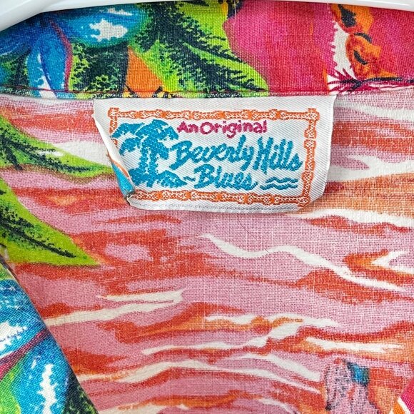 Vintage Beverly Hills Blues Button Down Tropical Pink Hawaiian - Picture 6 of 7